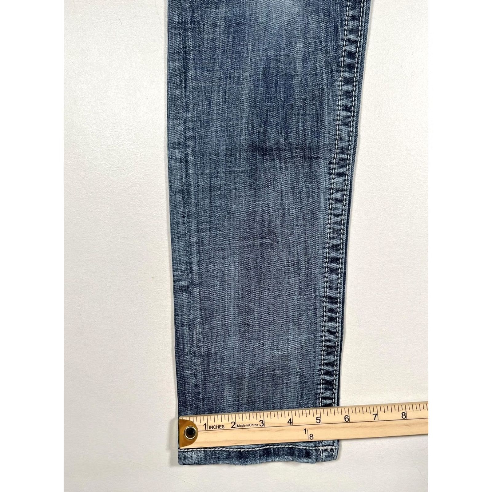 Miss Me Miss Me Jeans 29 Blue Signature Skinny Low Rise Distressed Rhinestone Jeans Size 29" - 7 Thumbnail