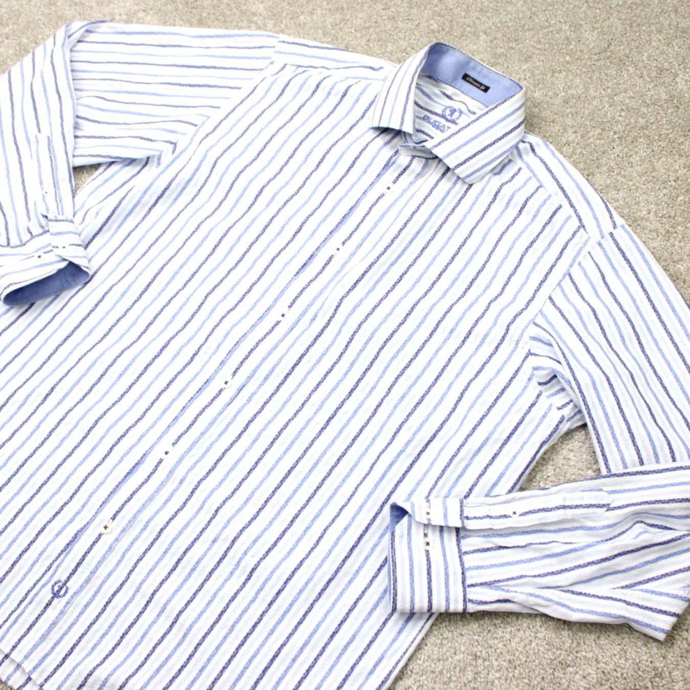 BUGATCHI Bugatchi Uomo Shirt Men Large Blue Striped Cotton Long Sleeve Button-Up Classic Fit Size US L / EU 52-54 / 3 - 3 Thumbnail
