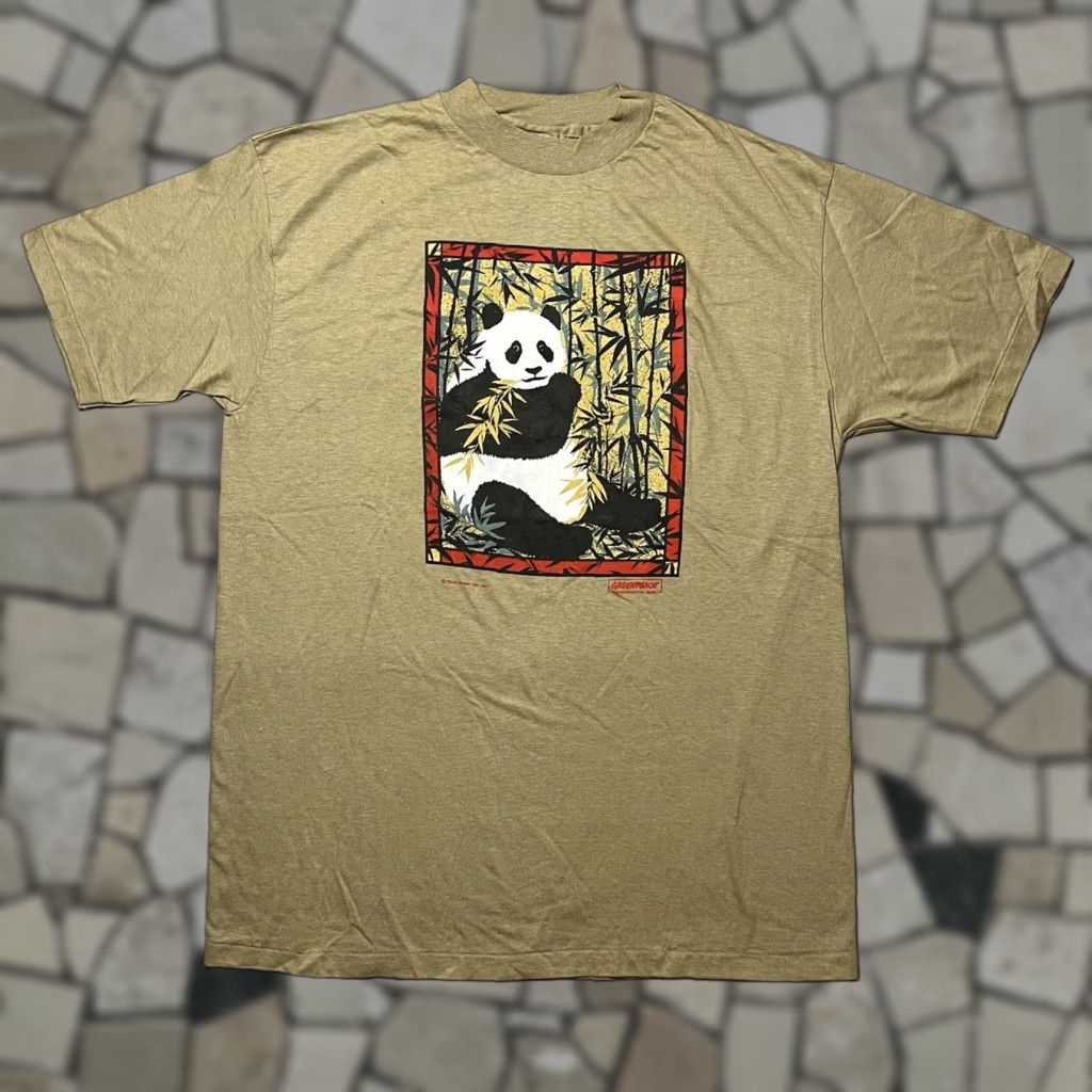 VINTAGE 80s GreenPeace Panda Bear Single Stitch T Shirt XL Men Brown Cotton Graphic Print Hanes Beefy T Short Sleeve Regular Size XL