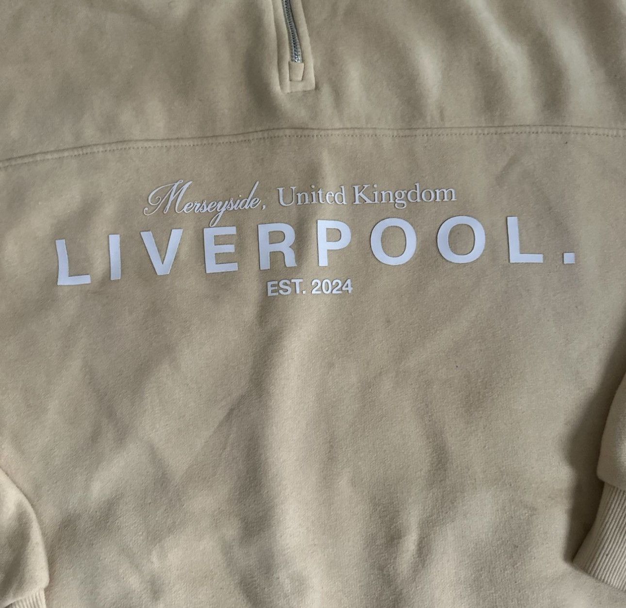 Bershka Beige “Liverpool EST. 2024” Half-Zip Sweatshirt Size L / US 10 / IT 46 - 2 Thumbnail