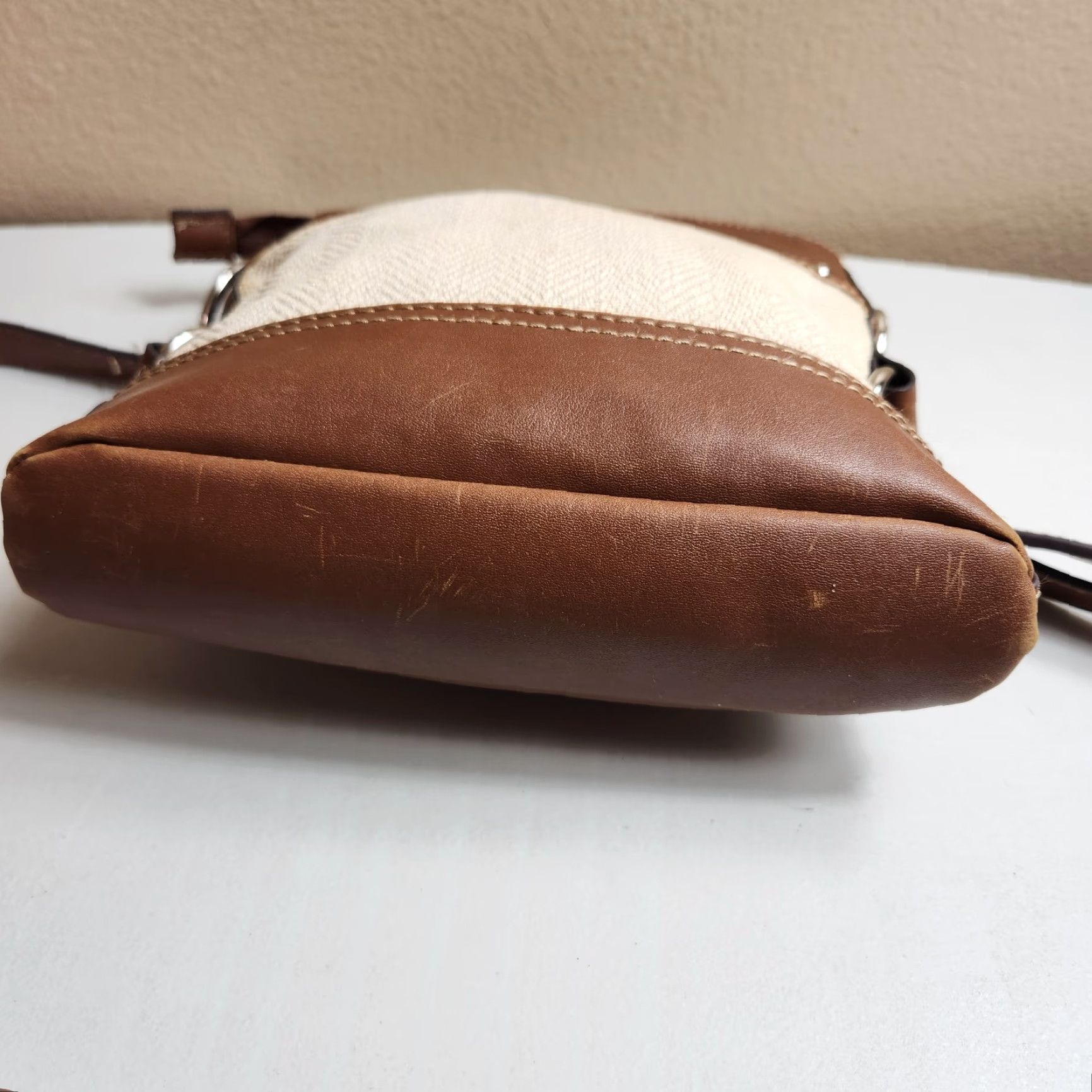 Chaps Chaps Crossbody Bag Womens Cream Canvas Herringbone/Brown Faux Leather Travel Casual Small Beige Beige Silver Crossbody Strap Size ONE SIZE - 7 Thumbnail