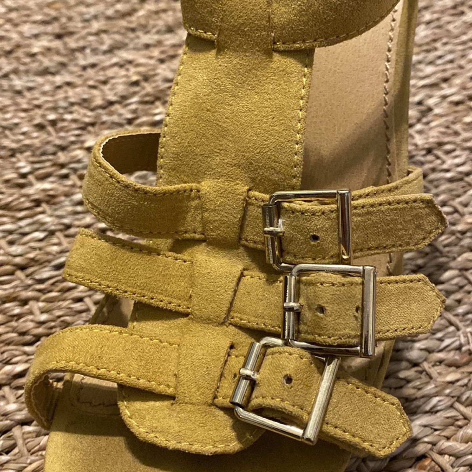 Express Multi strap & buckles, suede ochre color wedge heel size 7 Size US 7 / IT 37 - 6 Thumbnail