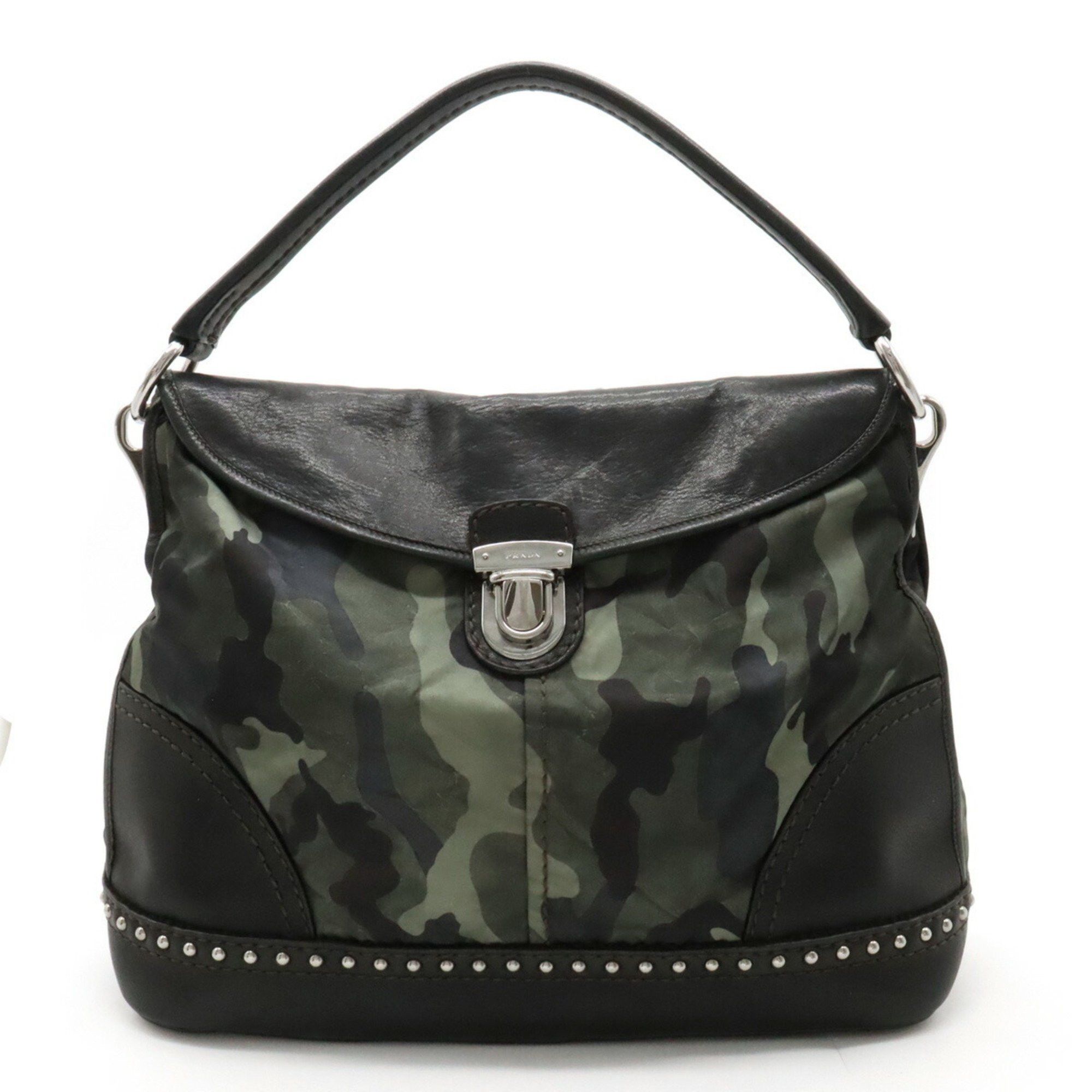 image of Prada Shoulder Bag Nylon Leather Studs Camouflage Pattern Camo Green Multicolor Black Br4549, Women