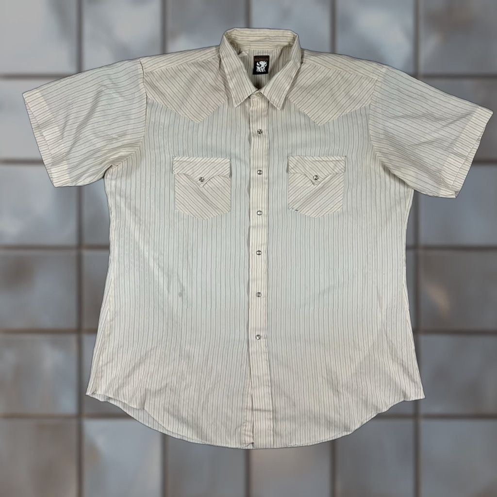 Armani VINTAGE Karman Shirt Button-Up XL Ivory Striped Cowboy Western - Mens, Short Sleeve, Snap Collar, Pockets, 80s 90s, Cotton Size US XL / EU 56 / 4 - 1 Thumbnail
