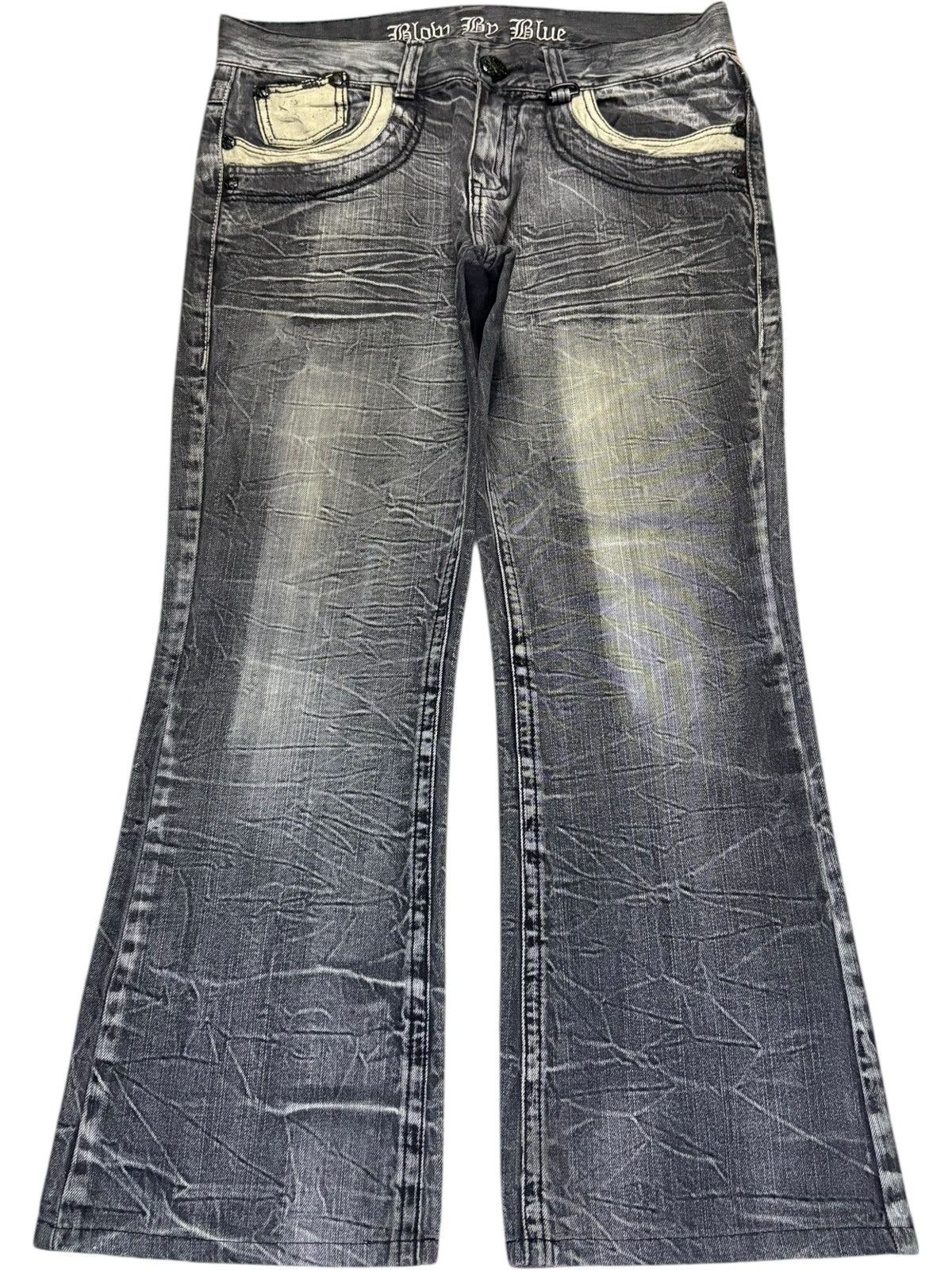 Japanese Brand Vintage Japanese Blow by Blue Cracked Wash Flare Jeans Size US 33 - 1 Thumbnail