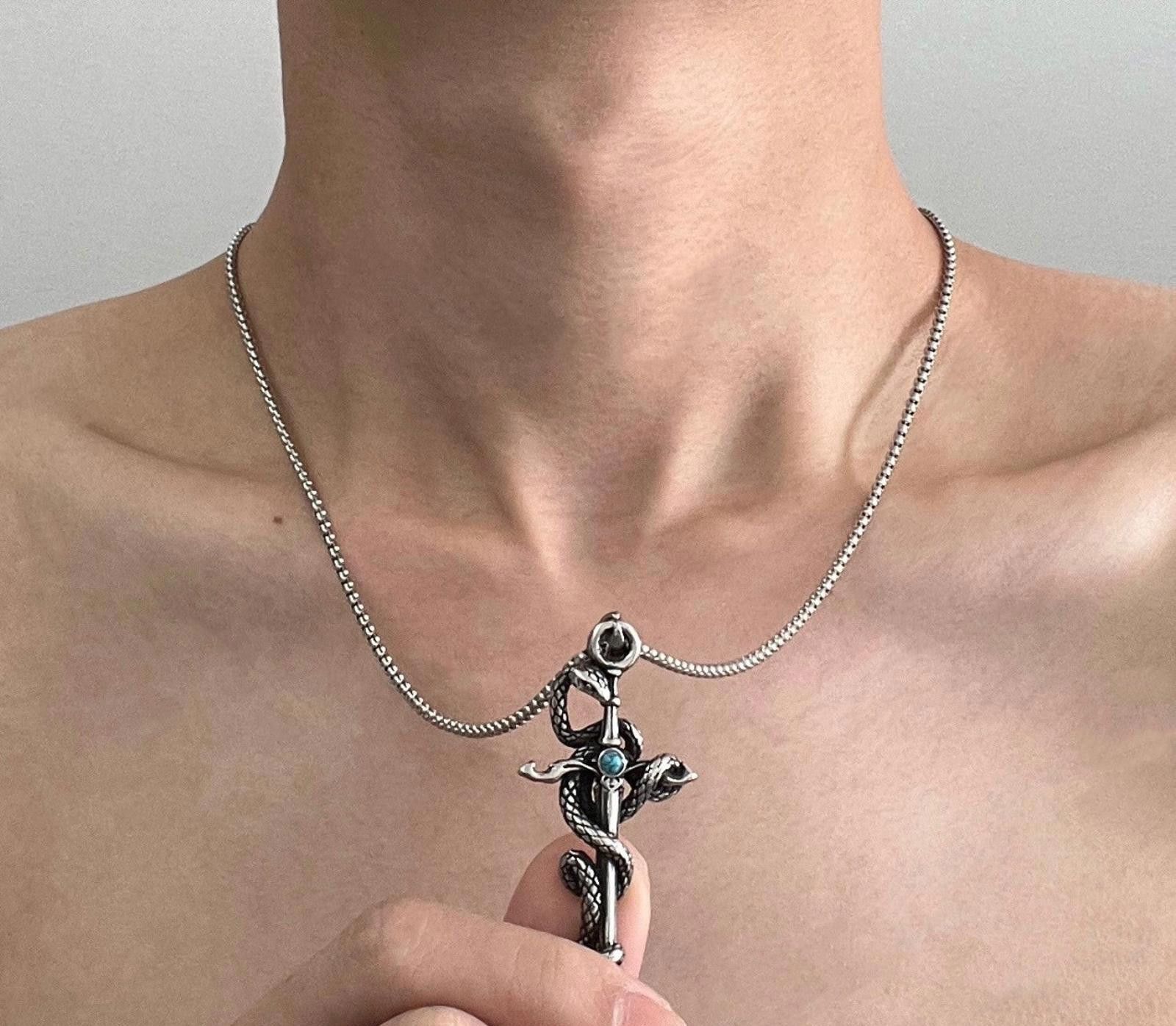 Jewelry Silver Snake & Cross - Blue Gemstone Pendant Necklace Size ONE SIZE - 4 Thumbnail