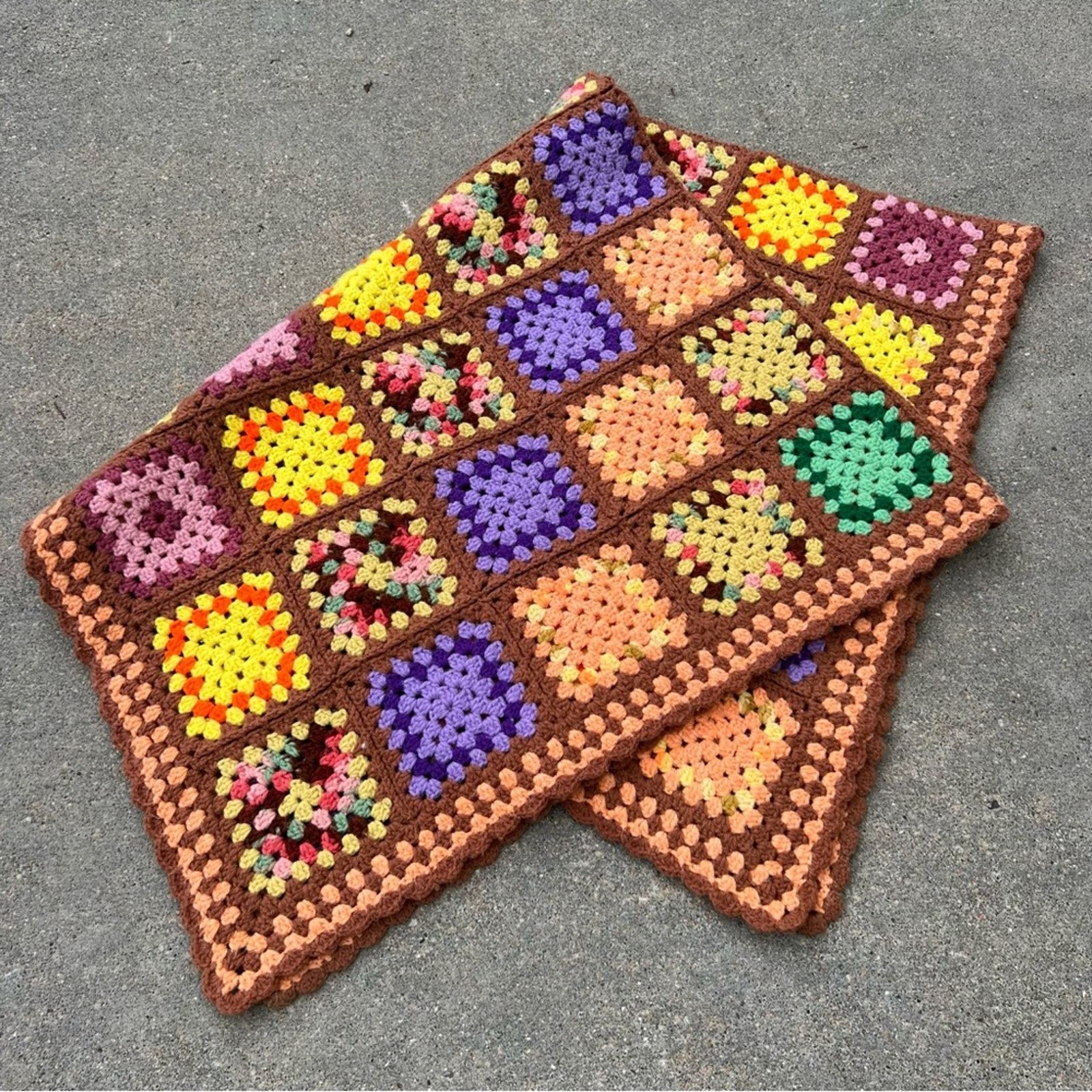image of Vintage Crochet Granny Square Throw Blanket 46"x56" in Yellow, Women's