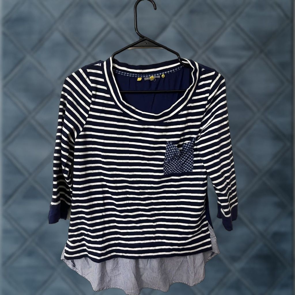 Vintage VINTAGE Little Yellow Button Blouse Blue Lagenlook Tunic 3/4 Sleeve Top Sz M Striped Size M / US 6-8 / IT 42-44 - 1 Thumbnail
