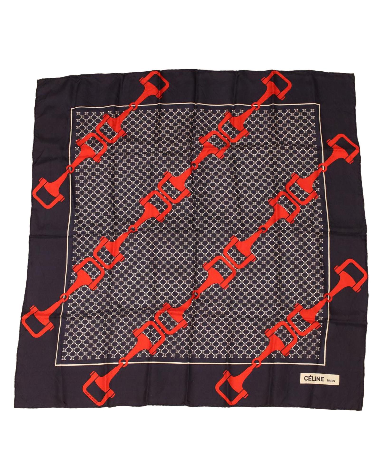 image of Celine Silk Macadam Canvas Scarf In Navy And Red, Women's