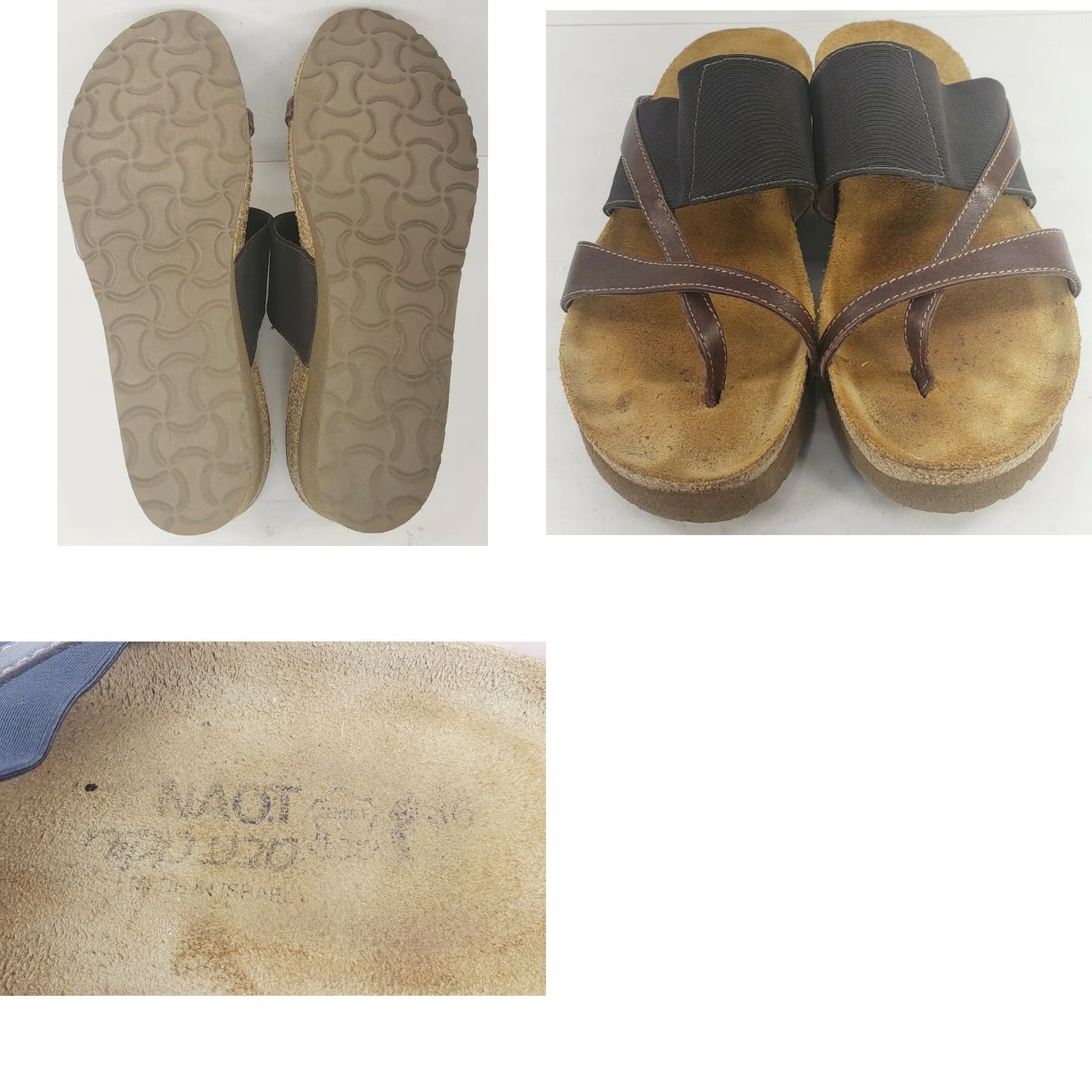Vintage Naot Orion Brown Leather Fabric Elastic Thong Sandals Isreal Women’s 5M/36E EUC Size US 5 / IT 35 - 8 Thumbnail