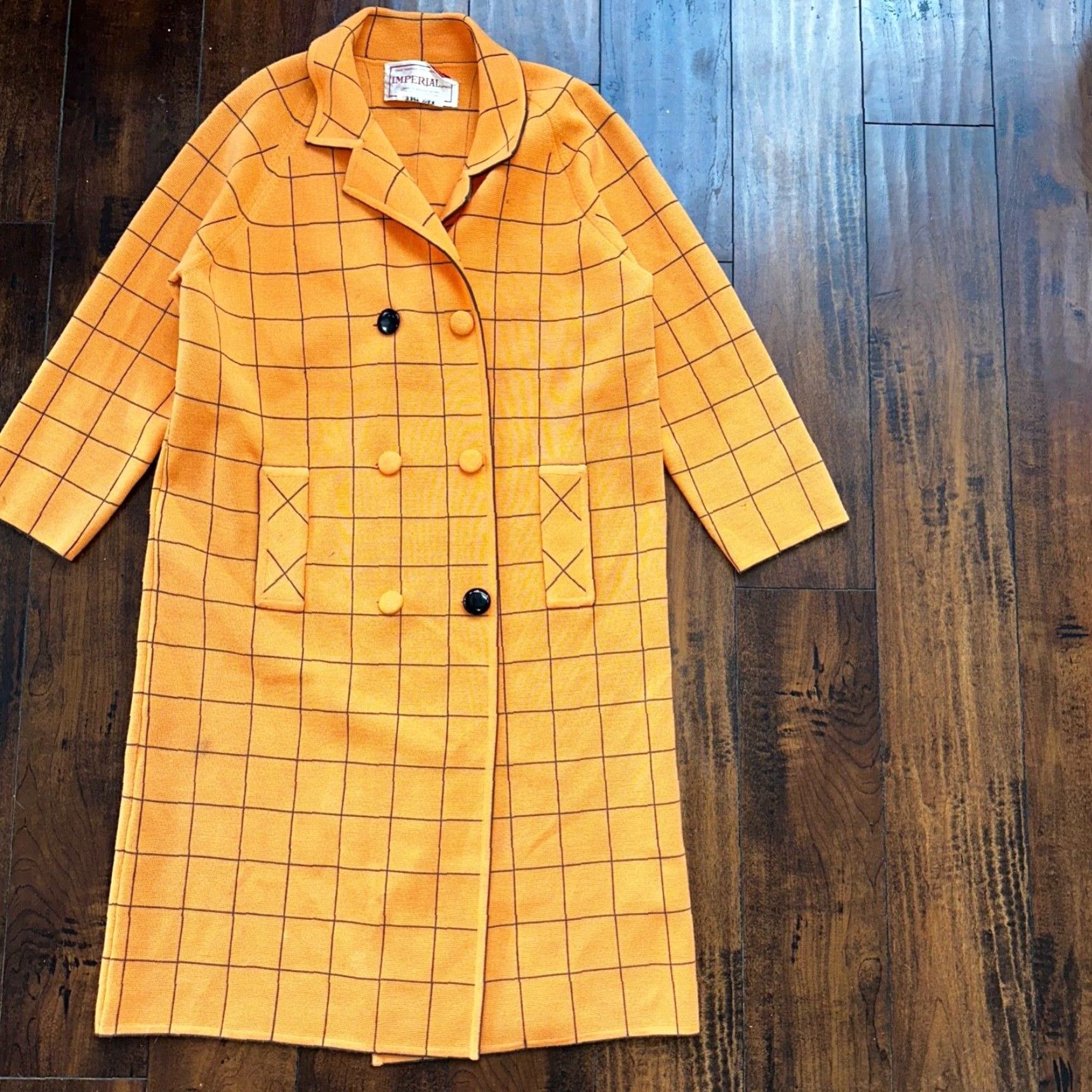 Imperial VINTAGE Imperial Wool Overcoat Women M Check Orange 1960s 70s Long 100% Wool Rockabilly Size M / US 6-8 / IT 42-44 - 2 Thumbnail