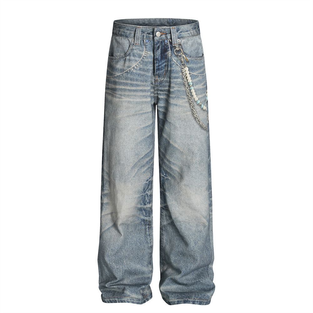 Japanese Brand × Jean Men's distressed chain tie-dyed loose straight washed jeans Size US 32 / EU 48 - 1 Thumbnail