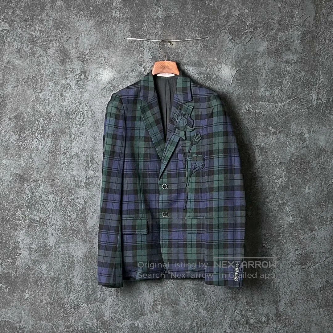 Valentino Blue Green Plaid Floral Blazer.