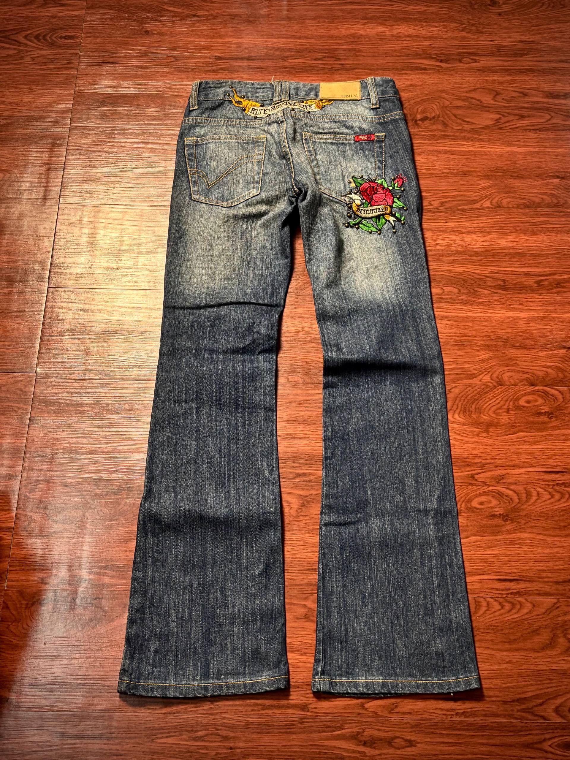 Avirex × Ed Hardy Vintage Y2K Ed Hardy Style Pants Rose Back Hit Flare Denim Size 28" / US 6 / IT 42 - 1 Thumbnail