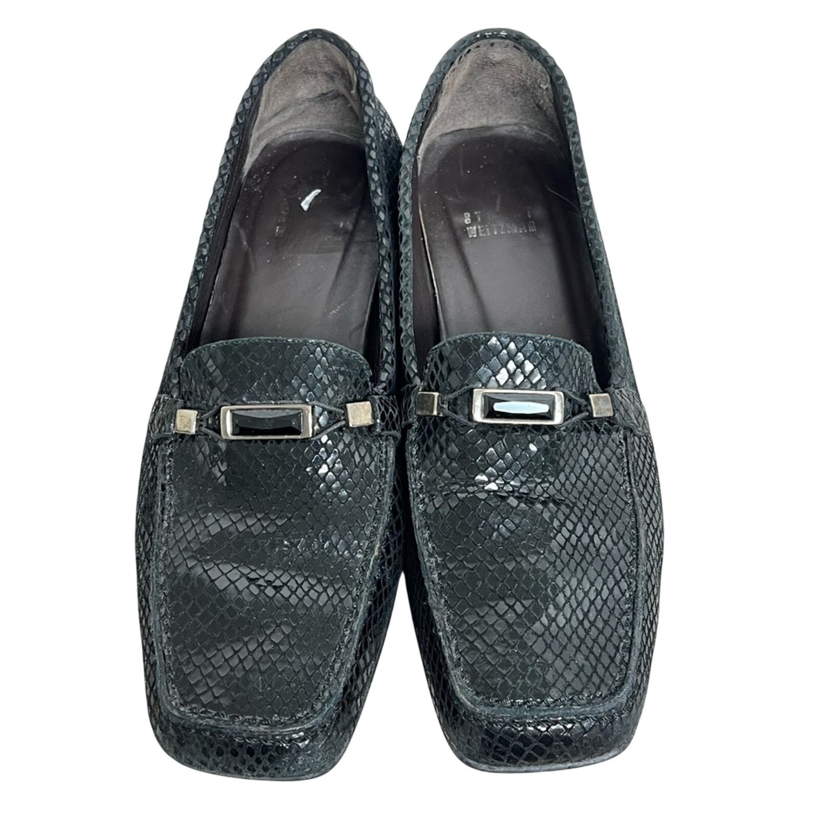 Stuart Weitzman Stuart Weitzman Leather Snakeskin Square Toe Loafers Onyx Size US 7.5 / IT 37.5 - 1 Thumbnail