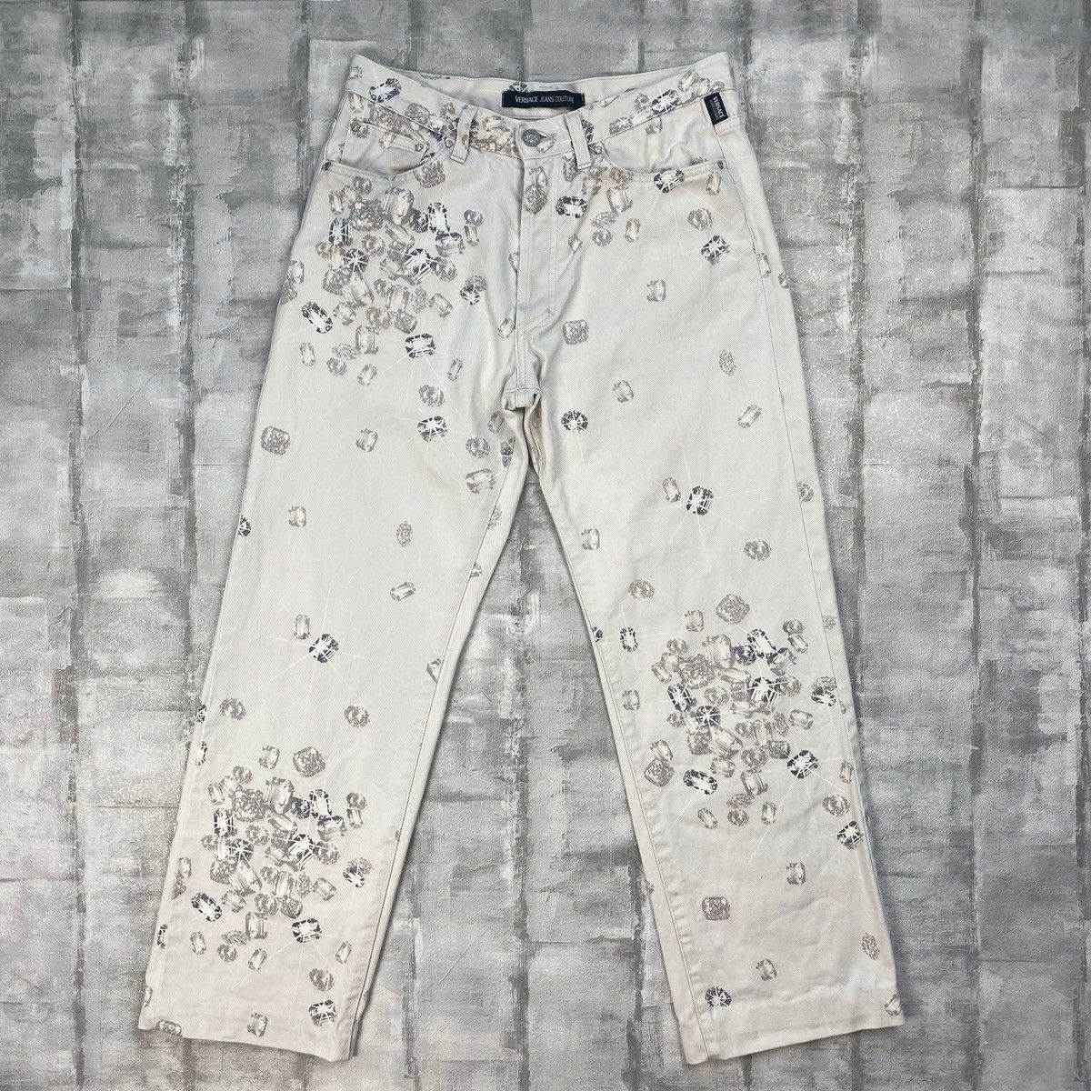 image of Versace Jeans Couture Vintage Monogram Diamond Jeans in White, Women's (Size 32)