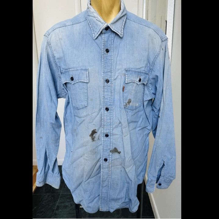 VINTAGE 1970s LEVI'S SHIRT ORANGE TAB BLUE DENIM DISTRESSED