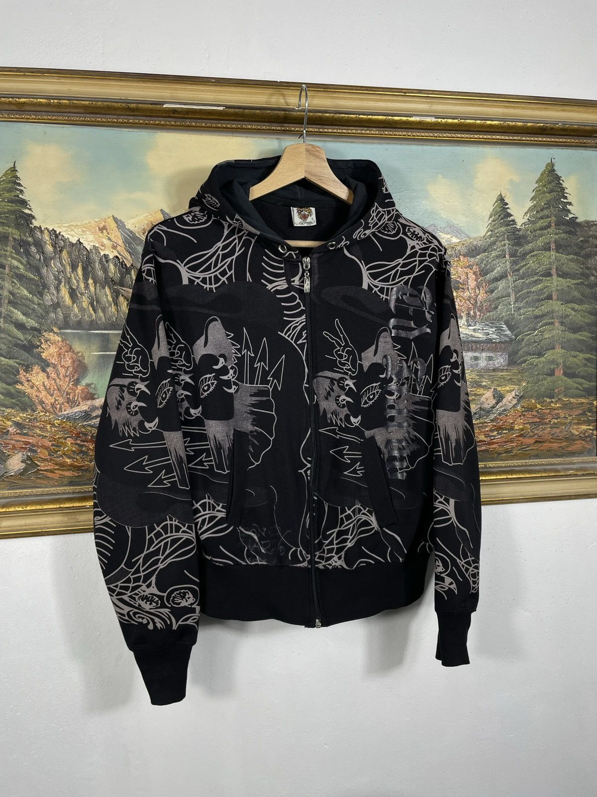 Ed Hardy × Vintage Ed Hardy Y2k Avant Garde Zip AOP Hoodie Sweatshirt Vintage Size M / US 6-8 / IT 42-44 - 4 Thumbnail