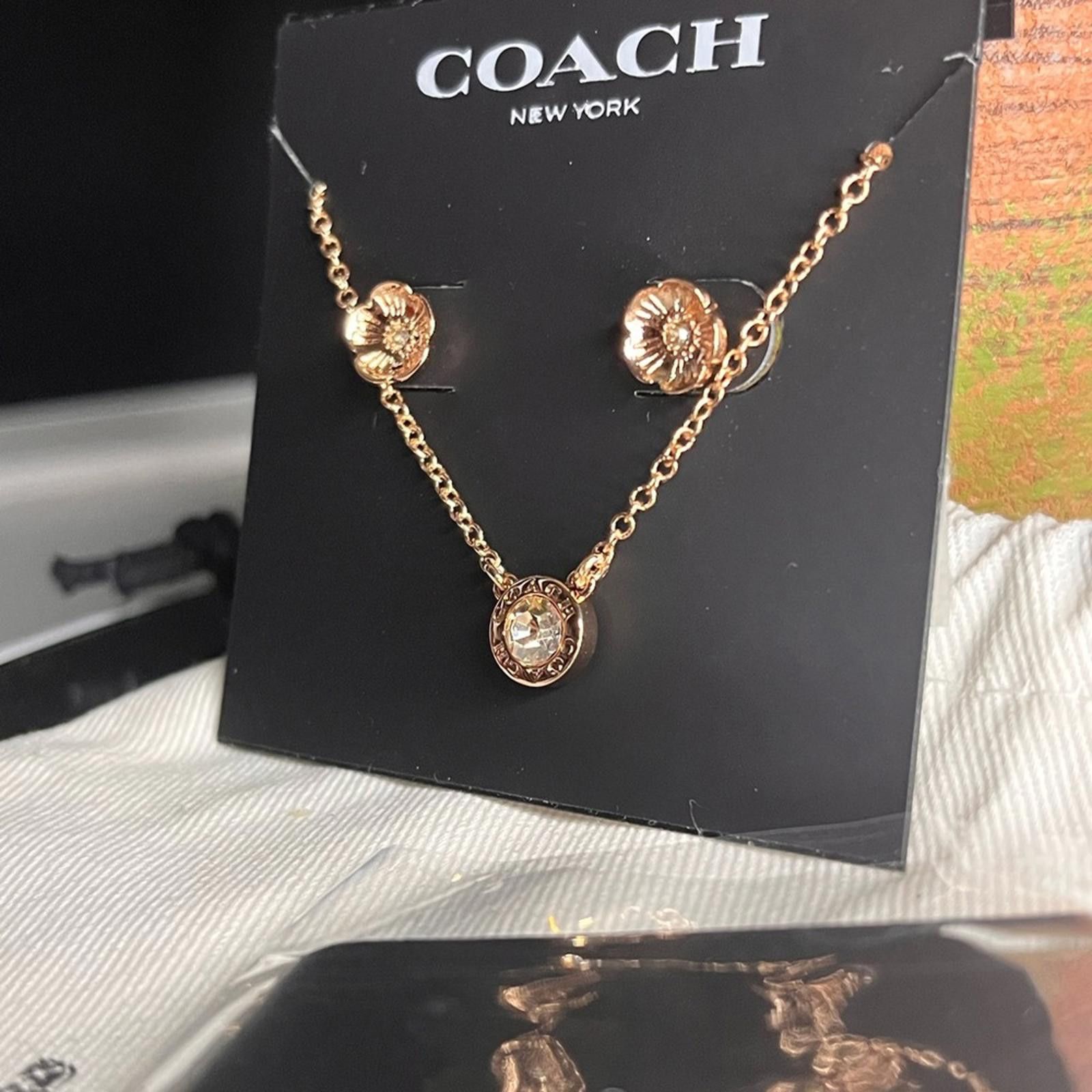Coach Coach Rose Gold Tea Rose Earrings And Open Circle Necklace Size ONE SIZE - 4 Thumbnail