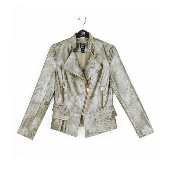 Designer CLARA SUNWOO Liquid Leather Textured Moto Jacket In Olive ...