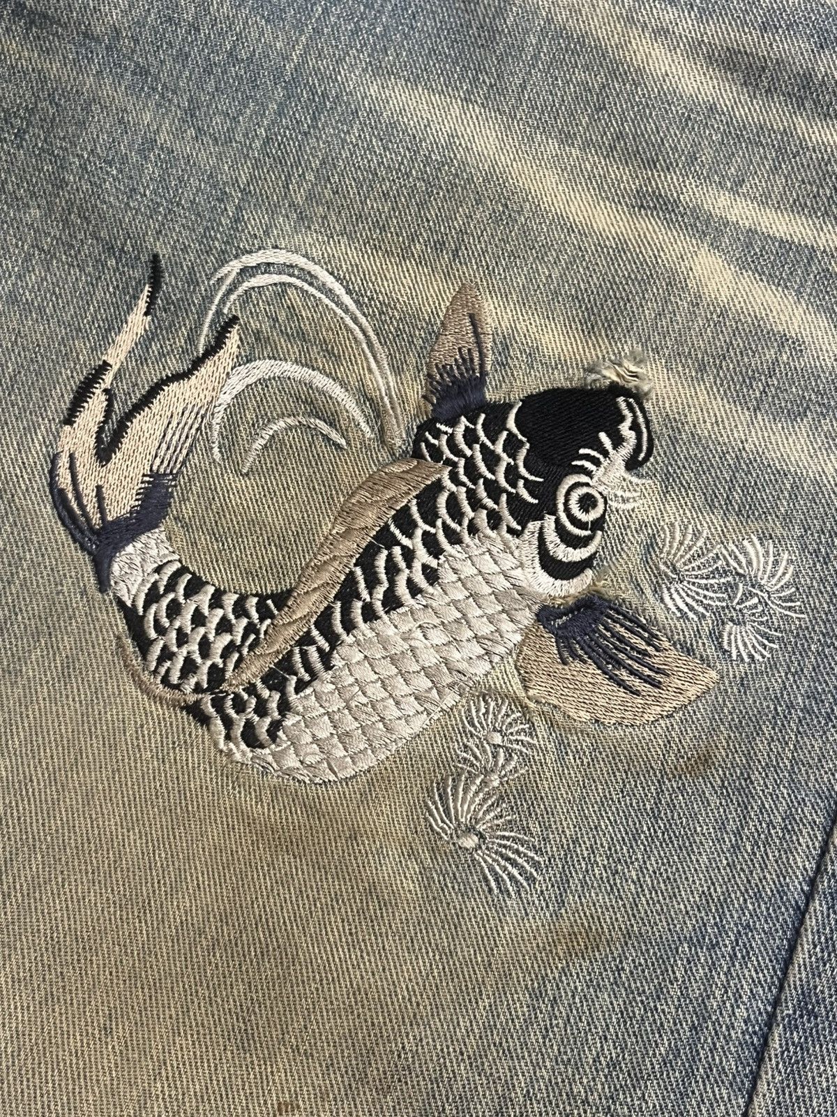 Karakuri Tamashii ⚡️Distressed⚡️Vintage Japanese Fish Koi Embroidery Mud Jeans Size US 34 / EU 50 - 5 Thumbnail