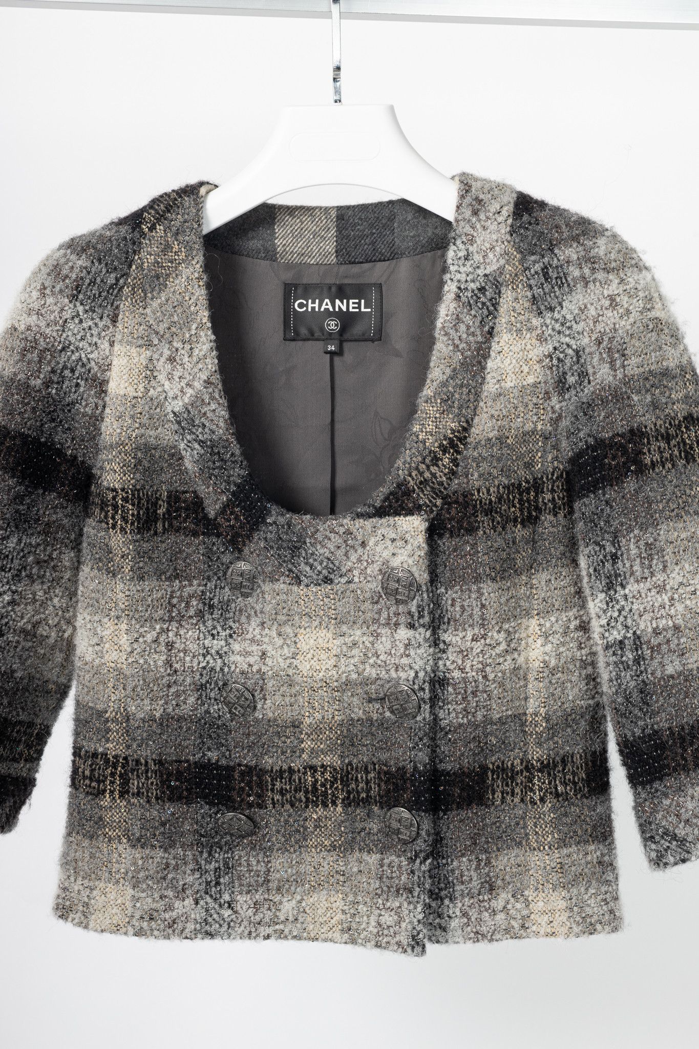 Chanel Chanel 18B Grey Metallic-Check Wool Double-Breasted Jacket Size XXS / US 00 / IT 34 - 3 Thumbnail