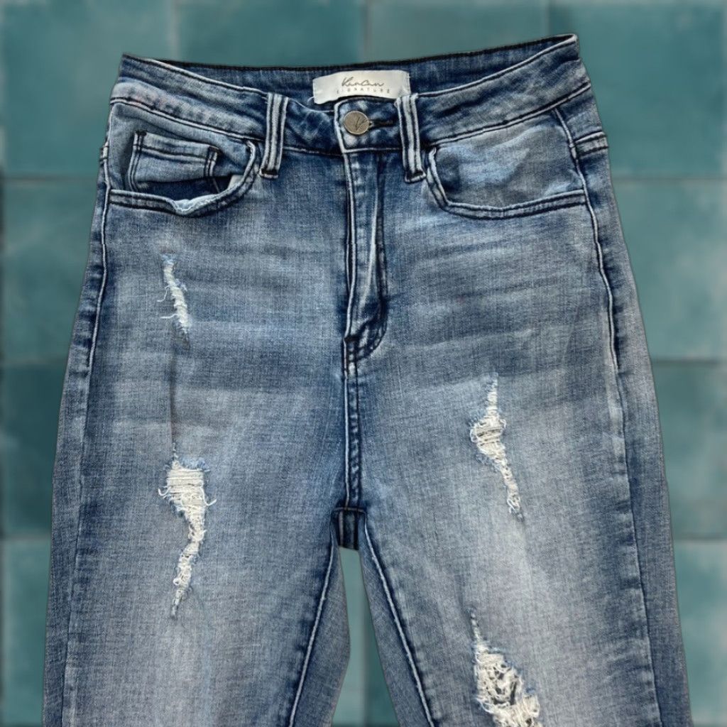 Vintage KanCan Jeans Women's 25 Light Wash Blue Stretch Denim Skinny Ankle Distressed Size 42" / US 20 - 1 Thumbnail
