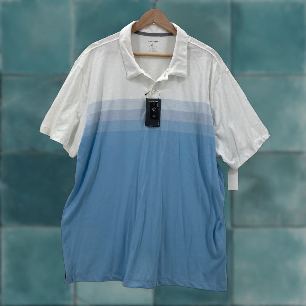 Van Heusen Van Heusen Polo Shirt Mens 2XL Blue White Gradient Essential Luxe Soft Touch Polo Short Sleeve Mens shirt blue ombré striped 2XL Mens Size US XXL / EU 58 / 5 - 1 Thumbnail