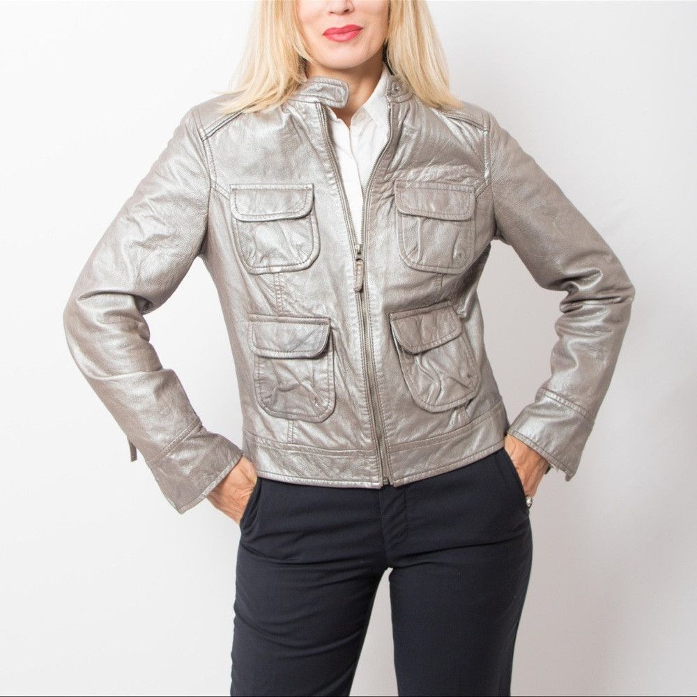 BODEN Vintage 90s Y2K Silver Metallic Leather Jacket Racing