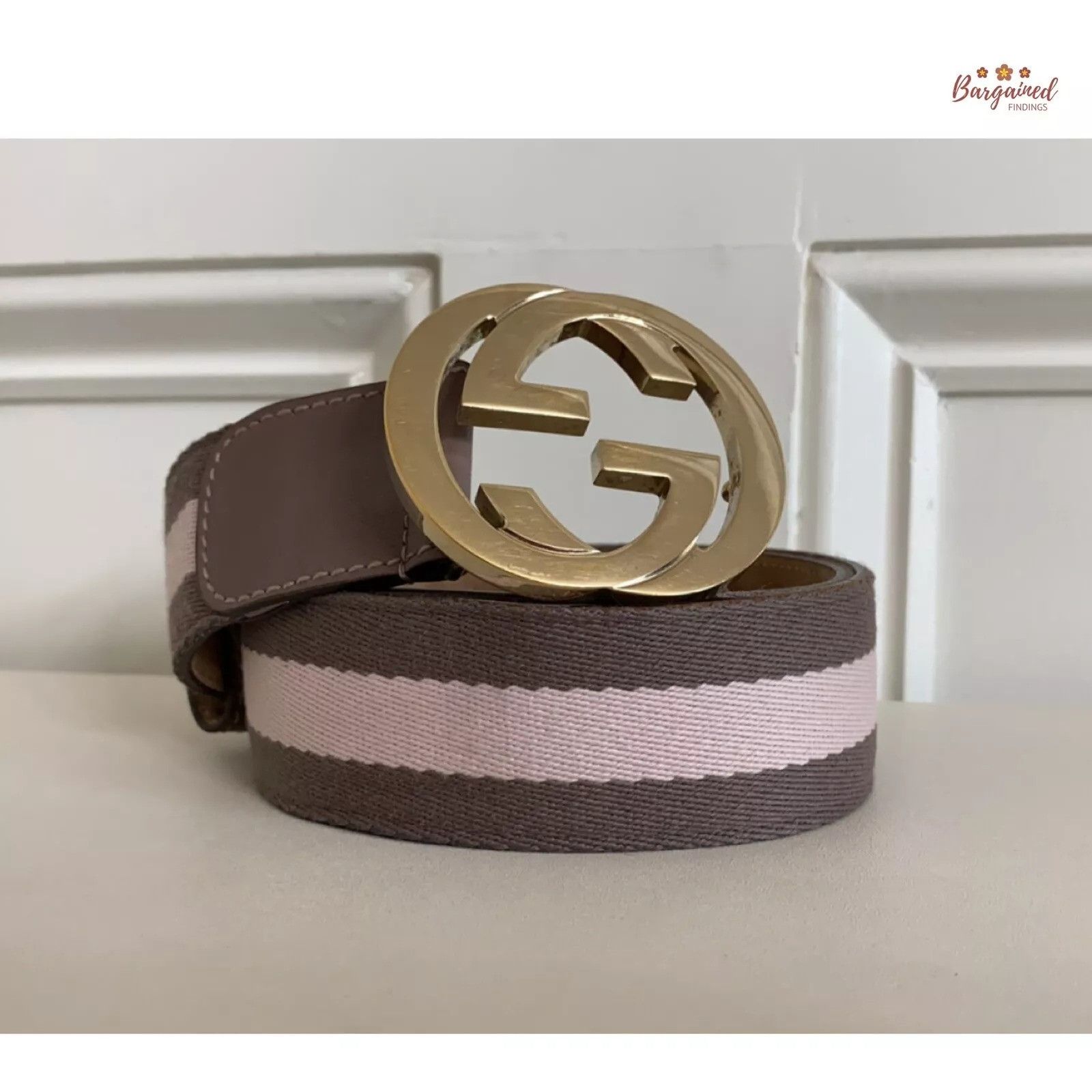Gucci Gucci Taupe/Pink Web Leather Gold Interlocking G Buckle Belt Size 28 - 1 Thumbnail