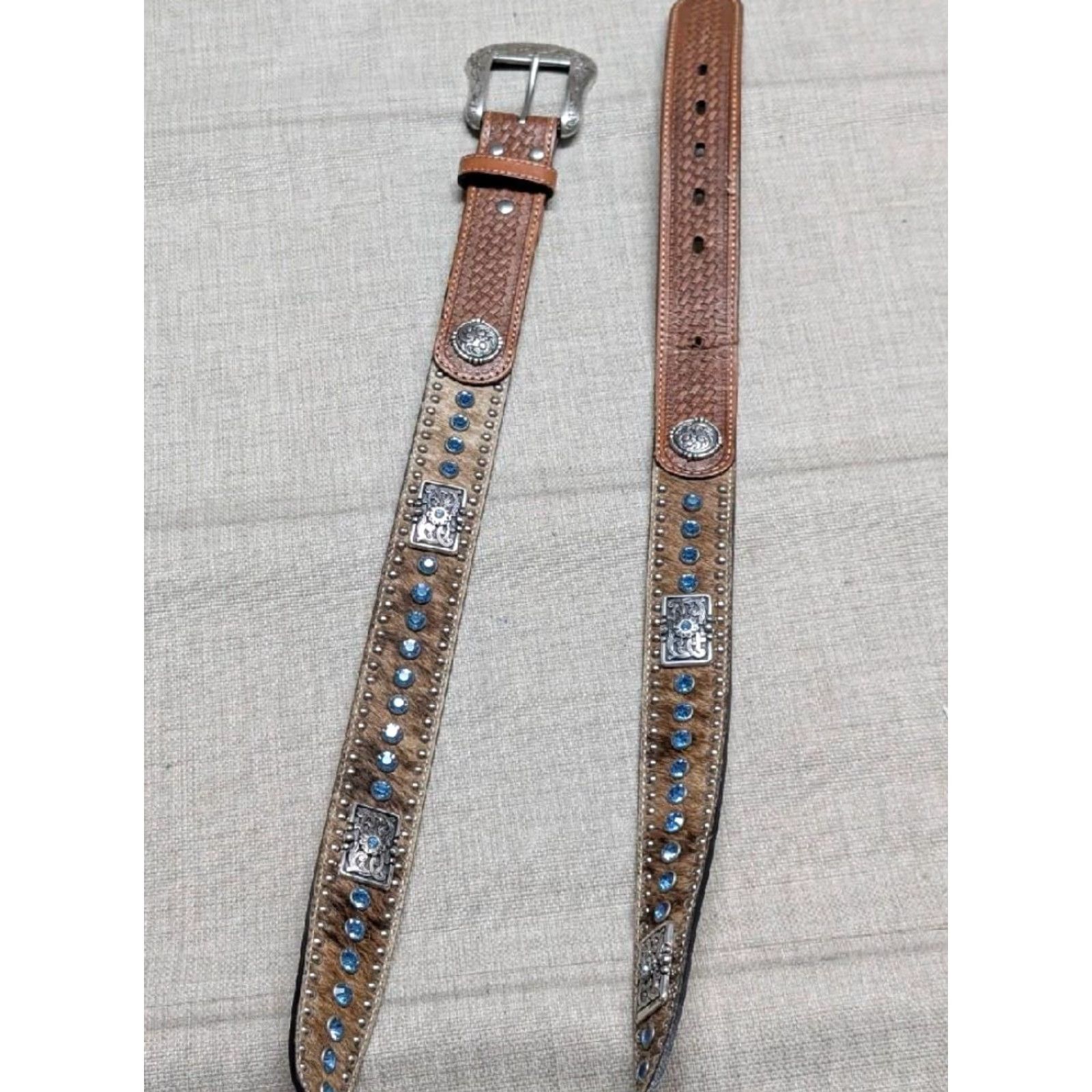 Vintage VINTAGE NOCONA belt Western Leather buckle studded cowhair ends Rhinestone 42 Size 42 - 3 Thumbnail