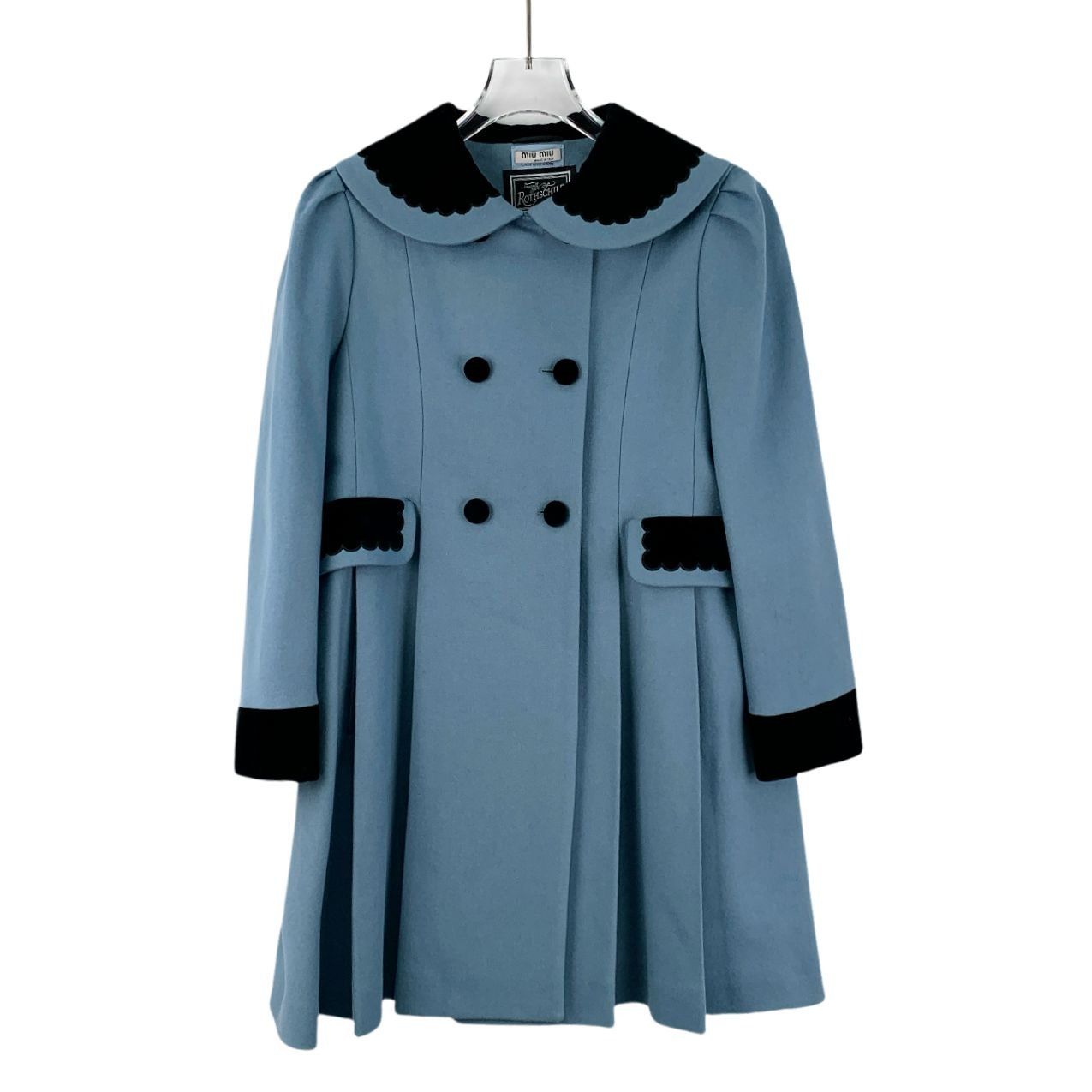 ジャケット・アウター MIU MIU Wool Double Breasted Coat IT38 Miu Miu MIU MIU X ROTHSCHILD Light Blue & Black Wool Double