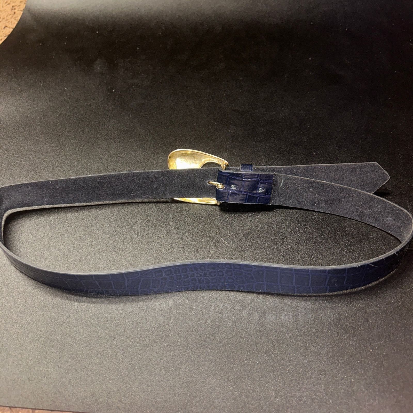 Other Navy Blue Faux Leather Textured Gold-Tone Hardware Belt 30" Size ONE SIZE - 4 Thumbnail