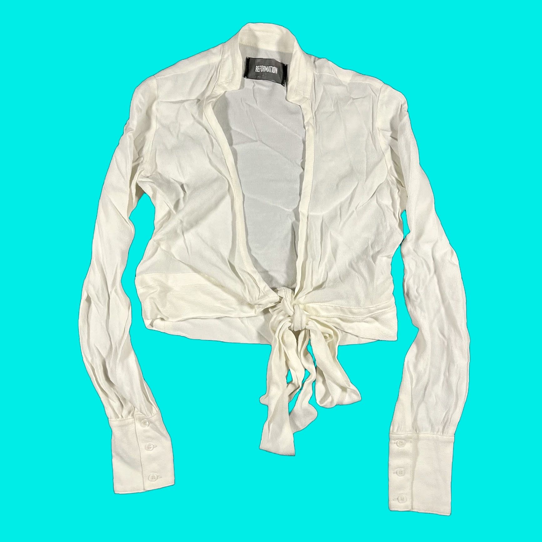 Reformation REFORMATION White Front Tie Waist Top XS Blouse Women Cropped Long Sleeve Viscose Rayon Lenzing Knit Slim Regular Grade N/A Size XS / US 0-2 / IT 36-38 - 1 Thumbnail