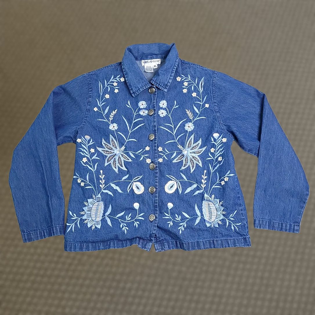 Denime Vtg Maryland Square Denim Jacket Women's Medium Embroidered Floral Button Jean Size 32" / US 10 / IT 46 - 1 Thumbnail