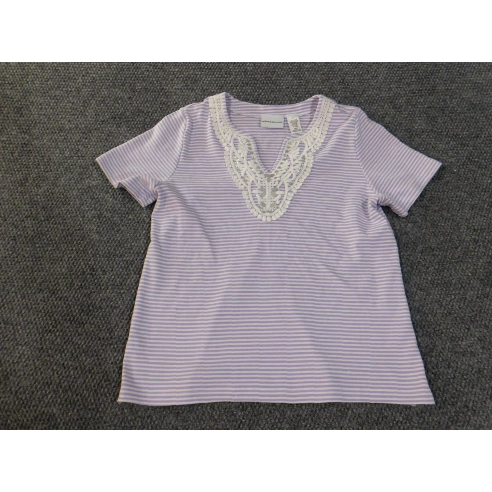Vintage Alfred Dunner Blouse Shirt Womens Small Purple Striped V-Neck Cotton Polyester Casual Knit Short Sleeve Regular Size S / US 4 / IT 40 - 3 Thumbnail