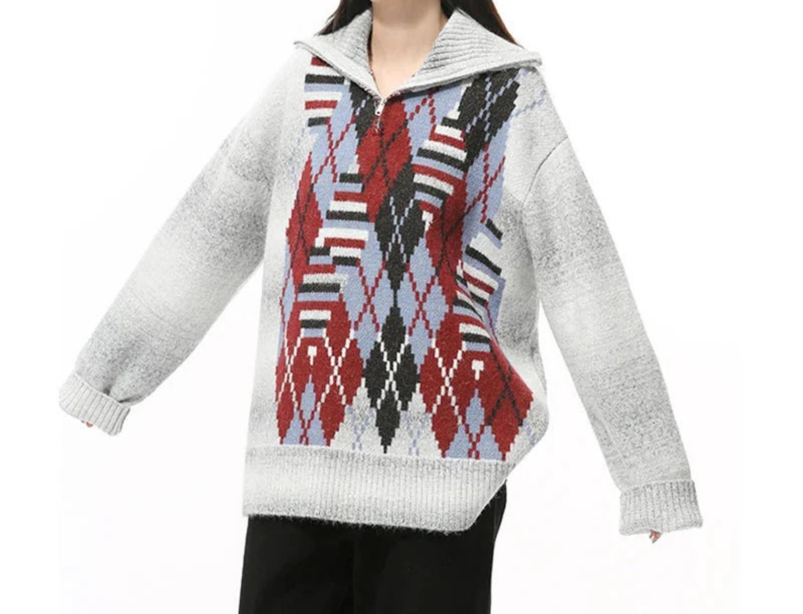 Japanese Brand Pixel Argyle Zip Neck Sweater Size US M / EU 48-50 / 2 - 5 Thumbnail