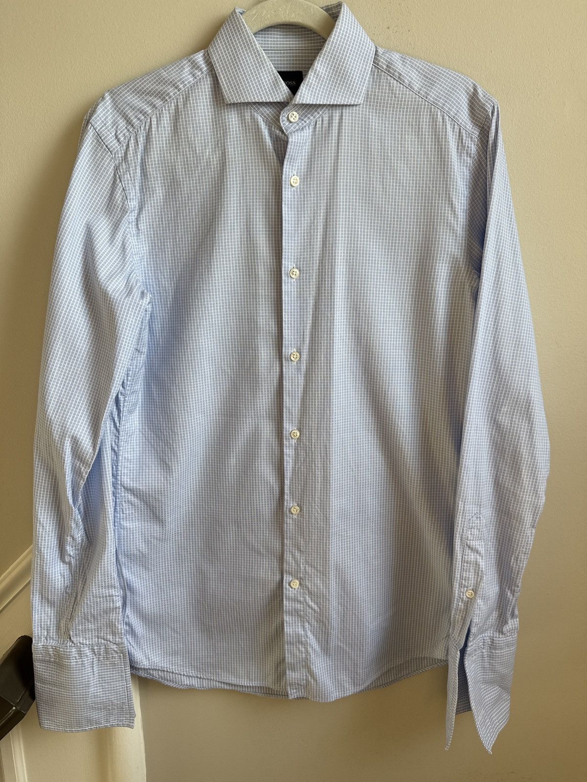 hugo boss french cuff dress shirt HUGO BOSS Size S Black Cotton Blend French Cuff Long Sleeve Shirt  Sui  Generis Designer Consignment