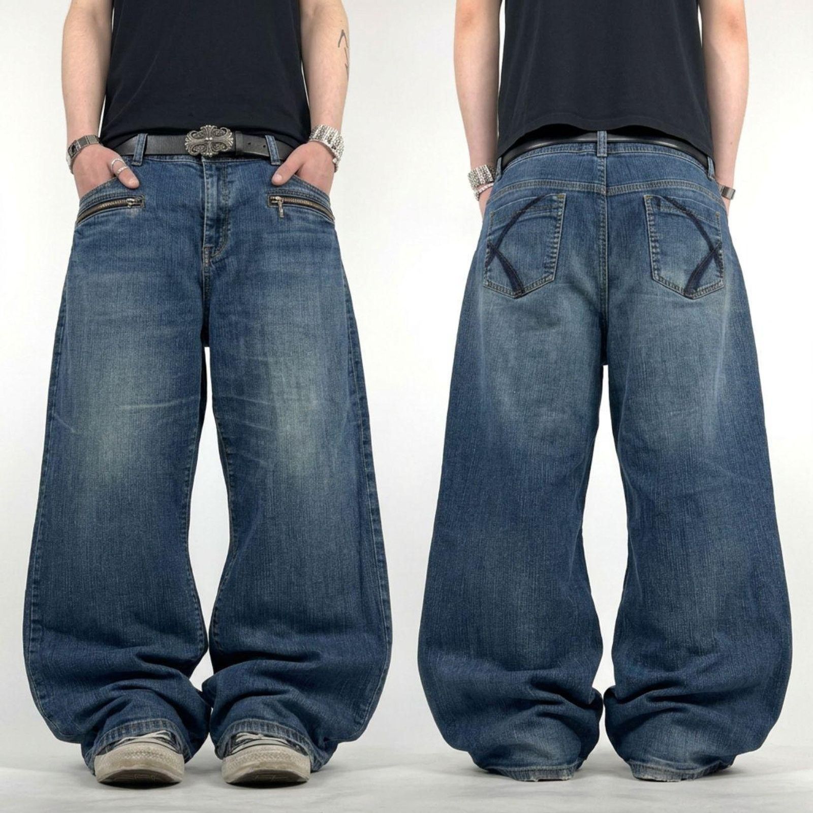 Vintage y2k embroidered grunge baggy wide leg faded jeans