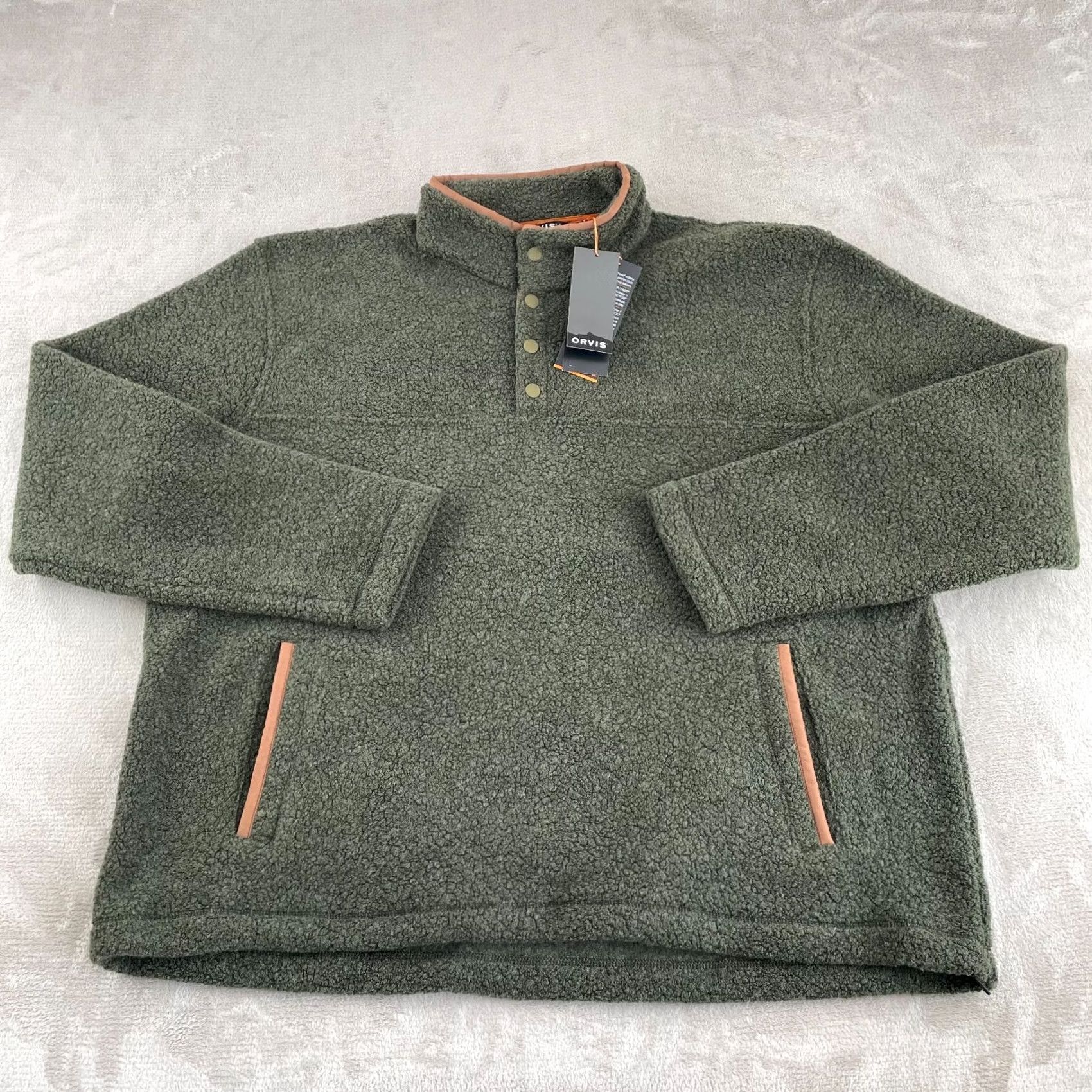 Orvis Orvis Pullover Sweater Men 2XL Green Wool Sherpa Pockets NWT Snap Neck Mock Neck Classic Outdoor Performance (All Seasons) Size US XXL / EU 58 / 5 - 3 Thumbnail