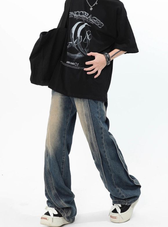 Japanese Brand Men's loose distressed wide-leg straight patchwork jeans Size US 32 / EU 48 - 2 Thumbnail