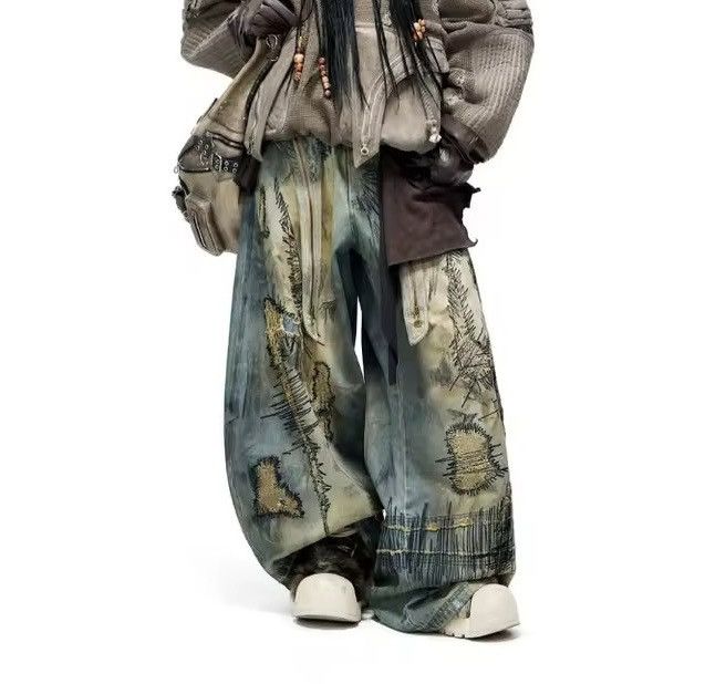 Jean Patchwork Streetwear Washed Embroidery Printed Dirty Jeans Size US 30 / EU 46 - 6 Thumbnail