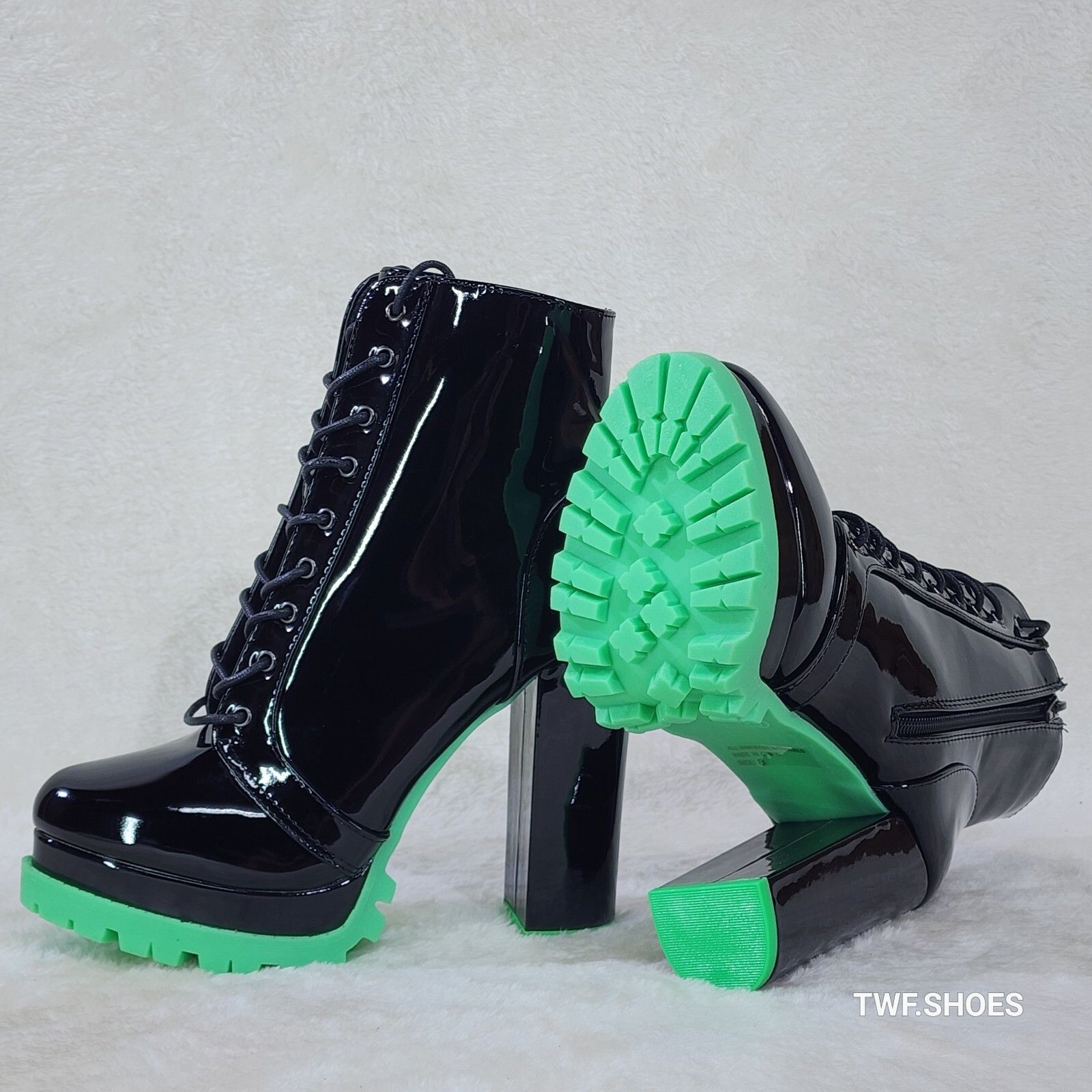 Vivian Black Patent Neon Green Lug Sole Chunky Heel Platform