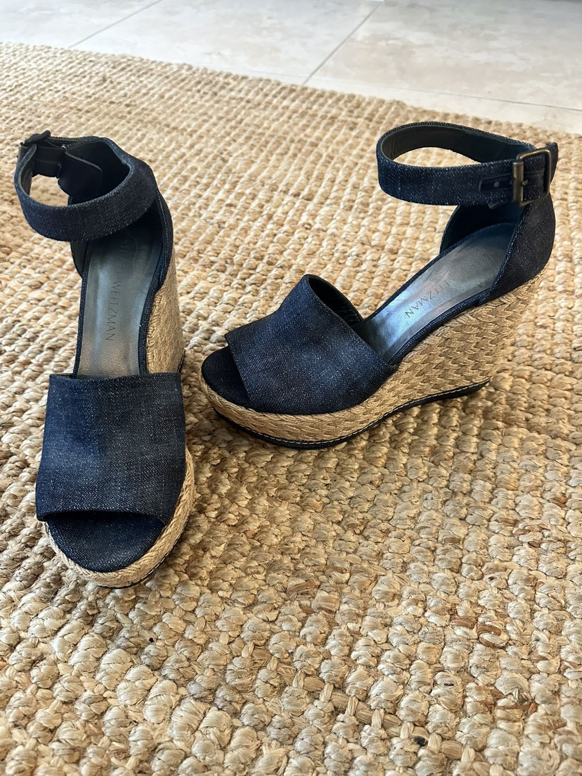 Stuart Weitzman STUART WEITZMAN SOHO DENIM ESPADRILLE WEDGE SANDAL SIZE 8 Size US 8 / IT 38 - 1 Thumbnail