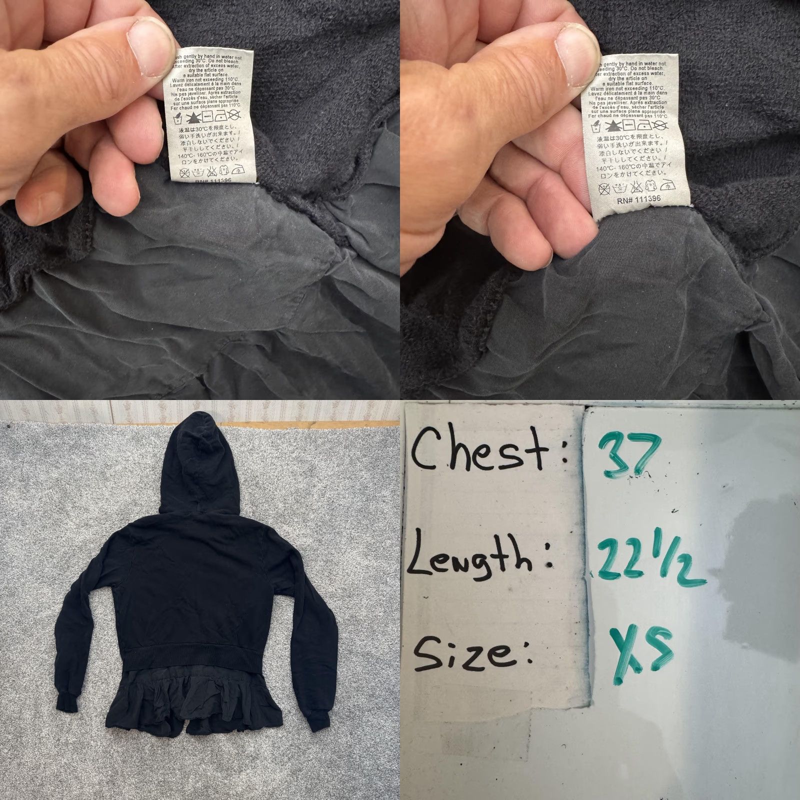 Vintage Clu Hoodie Womens XS Black Ruffle Hem Full Zip Hooded Jacket Made USA Silk Blend Size XS / US 0-2 / IT 36-38 - 8 Thumbnail