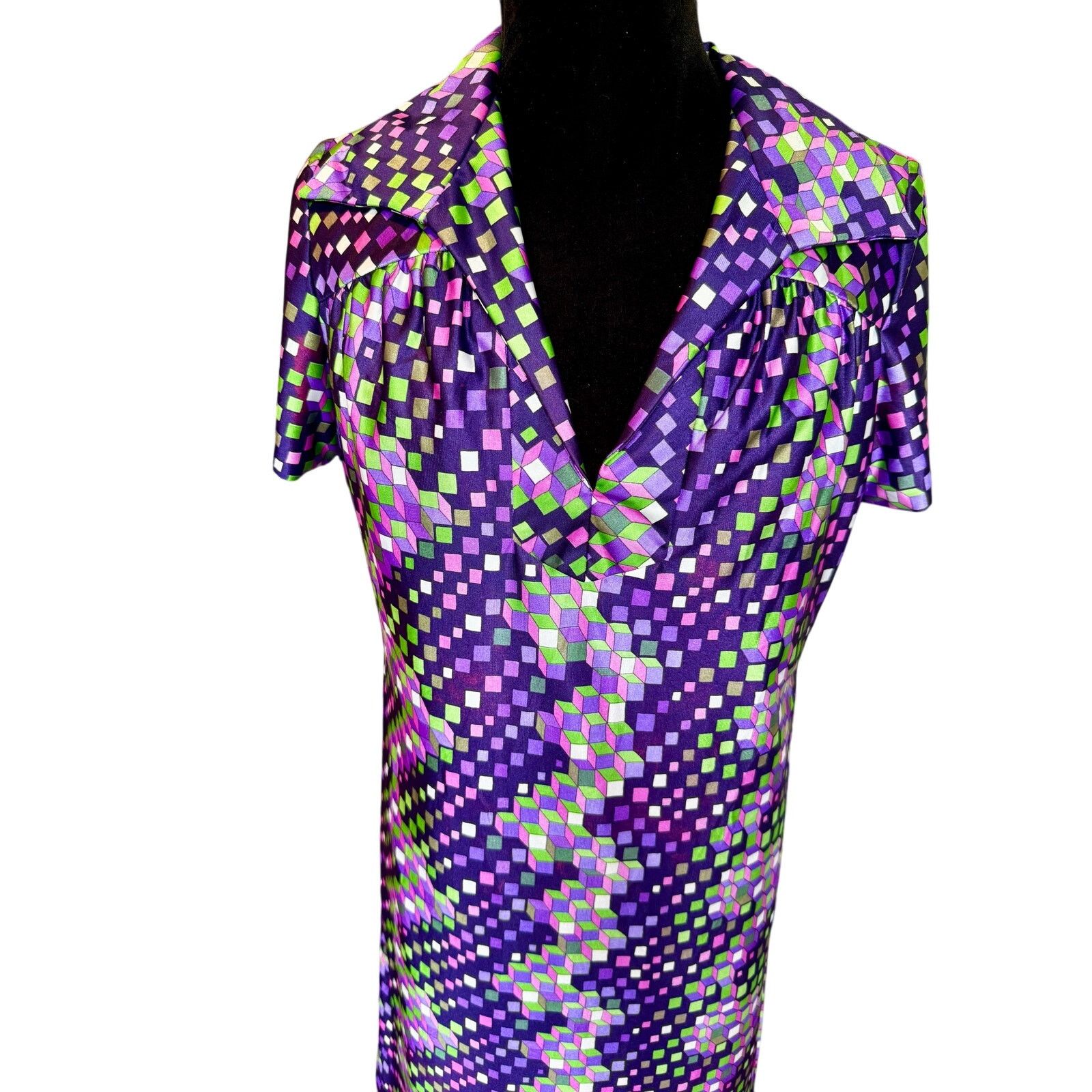 Vintage Vintage 70’s Bright Purple Square Groovy Dress Medium Large Size M / US 6-8 / IT 42-44 - 2 Thumbnail