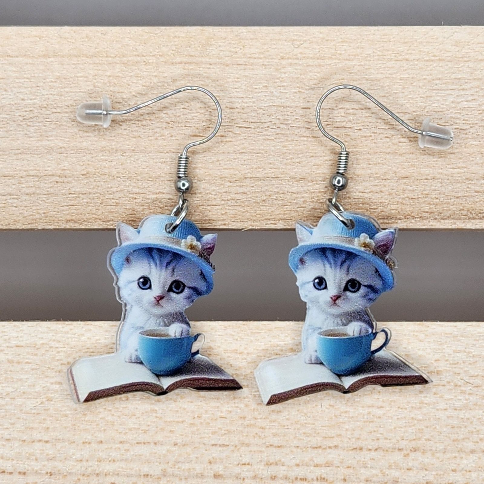 Other Gray Cat in Blue Teacup Sitting on Book Acrylic Earrings Size ONE SIZE - 1 Thumbnail