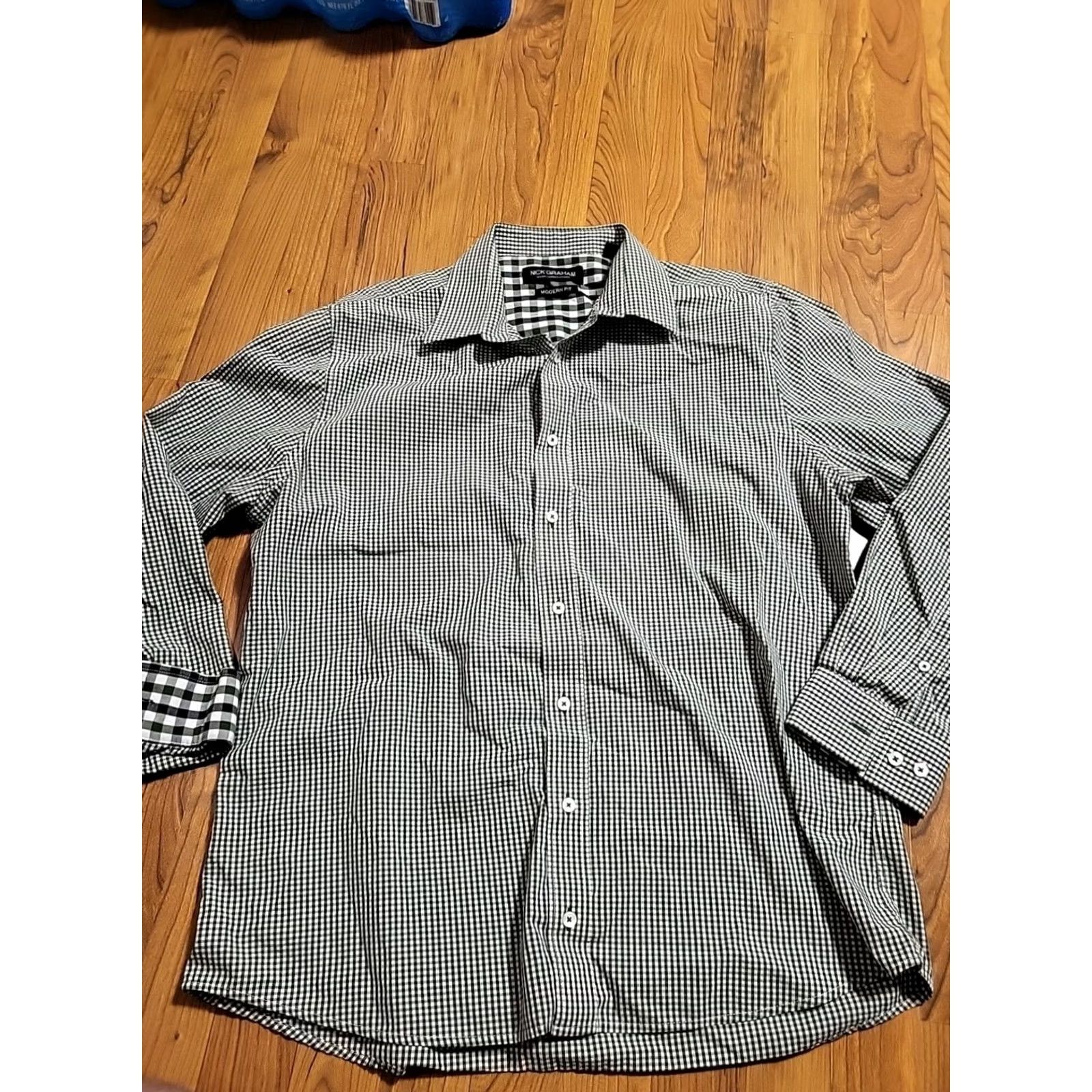 Vintage Nick Graham Modern Fit Button-Up Green White Checker XL Long Sleeve Mens Shirt Size US XL / EU 56 / 4 - 6 Thumbnail