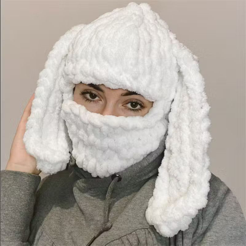 image of Vintage Knitted Bunny Ear White Balaclava, Men's