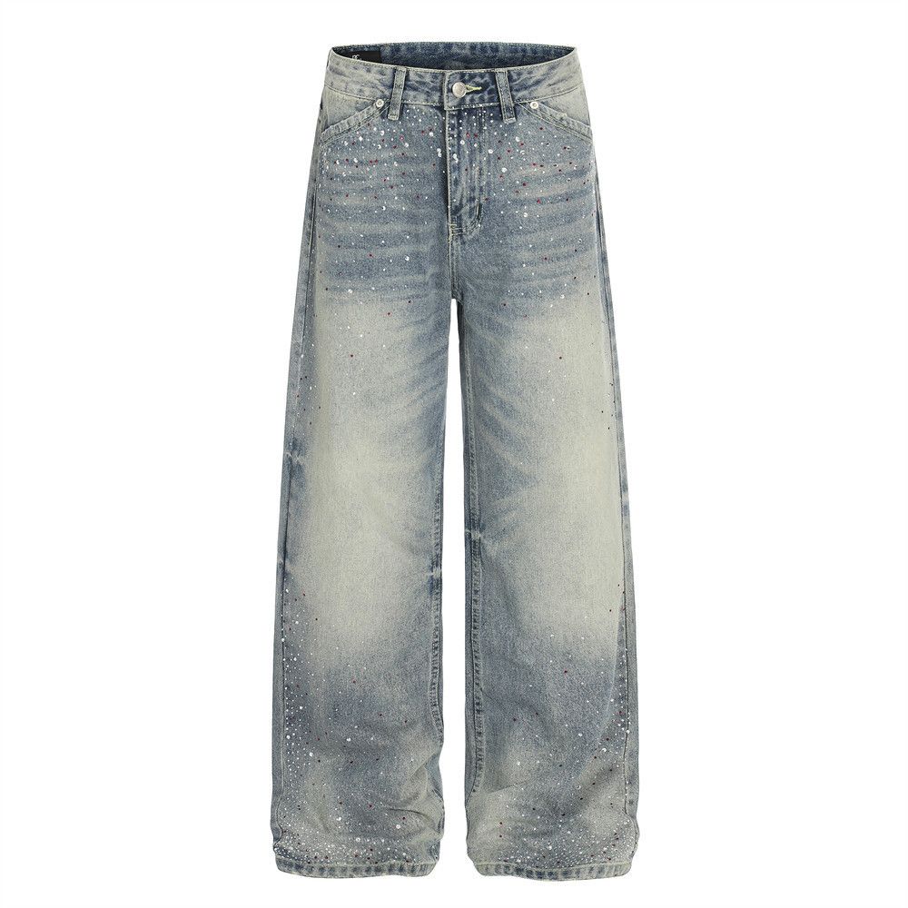 Men's loose-fitting wide-leg distressed washed jeans